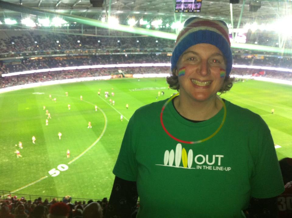 Sporting “Out in the Lineup” shirt at the AFL’s first ever Pride Match!